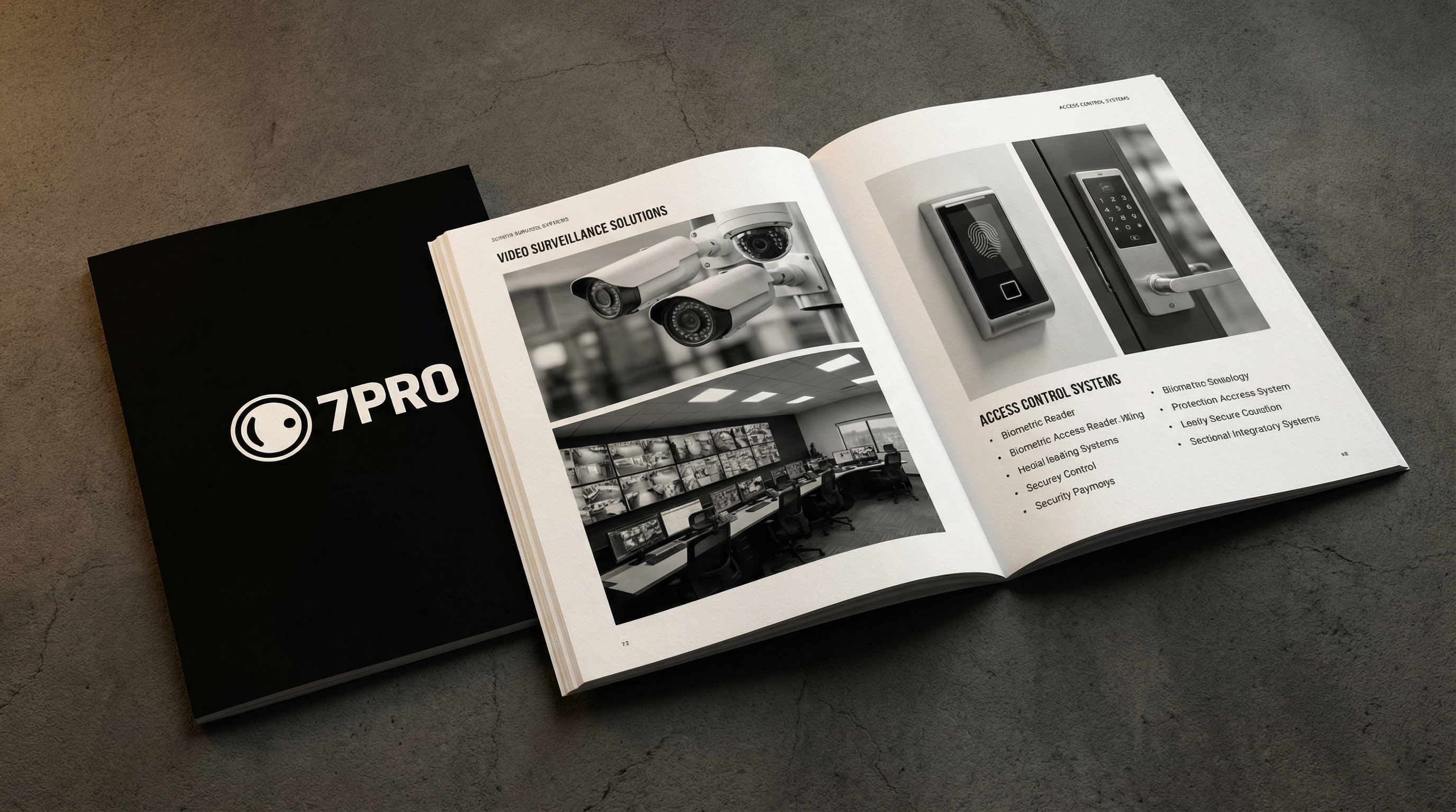 7PRO LLC services catalog booklet showing interior pages with security solutions, camera systems, and monitoring services information